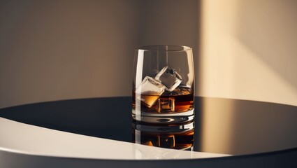 Wall Mural - glass of whiskey with ice cubes on dark reflective surface in evening light.