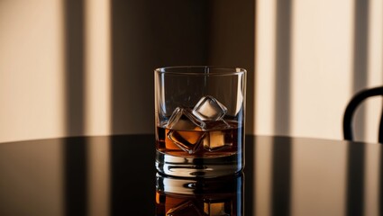 Wall Mural - glass of whiskey with ice cubes on dark reflective surface in evening light.