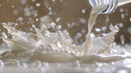 Poster - Milk cascades into a bowl, creating splashes and droplets that dance in the air, capturing a moment of culinary creativity. Generative AI
