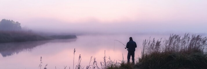 A man is fishing in a lake with a foggy sky in the background. The atmosphere is calm and peaceful, and the man seems to be enjoying his time by the water