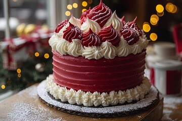 Christmas Cake Decorated with Red Icing and Cream Swirls