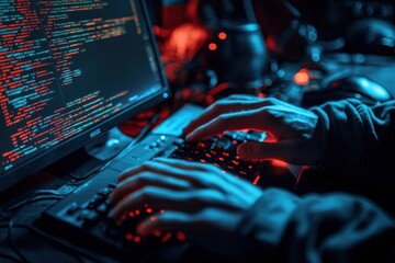 Poster - A close-up of hands typing on a backlit keyboard with code displayed on a screen.