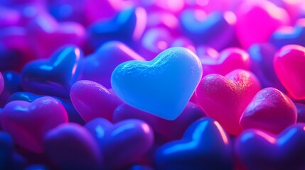 close-up of blue and pink glowing heart-shaped objects
