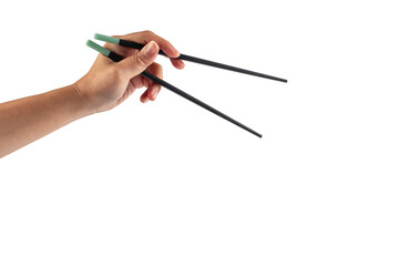 Black chopsticks for rice and hand on a transparent background