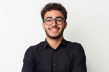 Wall Mural - A man with glasses is smiling and wearing a black shirt. He is posing for a picture. Concept of confidence and happiness