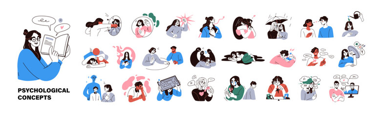 psychological and mental health concepts. characters with psychology and mind problems, disorders, a