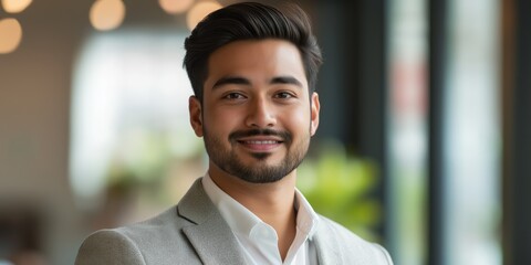 Wall Mural - A man in a suit and tie is smiling for the camera. He looks confident and happy. Concept of professionalism and positivity