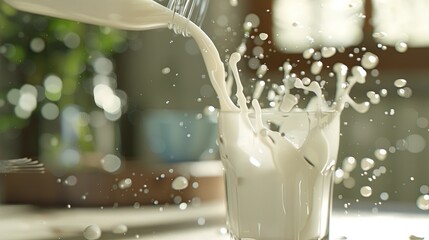 Poster - Fresh milk is being poured into a glass, creating a splash, while sunlight brightens a cozy kitchen during breakfast preparation. Generative AI