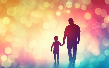 Abstract 3D digital design for a Father's Day greeting card, featuring a father and child silhouette with a bright and simple gradient background 