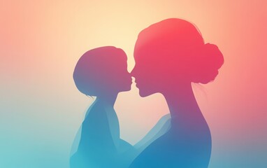 Abstract 3D digital design for a Mother's Day greeting card, featuring a mother and child silhouette with a bright and simple gradient background