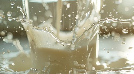 A glass of milk tips over on a kitchen counter, creating a dynamic splash with droplets flying in all directions and glistening in sunlight. Generative AI