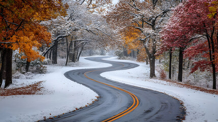 Winding Road Through Snowy Forest.