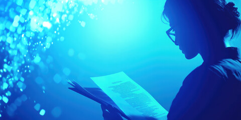 Sticker - A silhouette of a person reading documents against a blue, bokeh background.