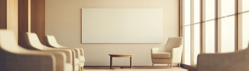 Wall Mural - A minimalist waiting area with chairs, a coffee table, and a large blank wall.