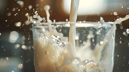 Poster - Creamy milk is being poured into a clear glass, resulting in splashes and droplets, showcasing a cozy kitchen environment. Generative AI