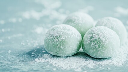 Green mochi, a traditional Japanese dessert with powdered sugar on a light background