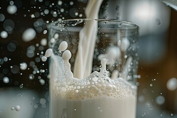 Poster - Fresh milk pours into a glass, creating a beautiful splash and bubbles amidst soft natural light in a warm kitchen environment. Generative AI