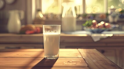 Aufkleber - Fresh milk stands in a clear glass on a rustic wooden table, illuminated by soft sunlight entering the cozy kitchen. Generative AI