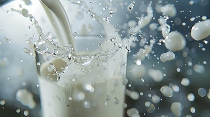 Poster - Milk is poured into a glass, creating a dynamic splash, with droplets catching the light in a bright kitchen environment. Generative AI