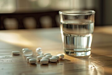 Aufkleber - White tablets lie scattered on a wooden table next to a glass of water bathed in warm afternoon light, creating a tranquil atmosphere. Generative AI