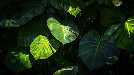 Sticker - Lush green tropical leaves with intricate textures and veins create a natural background.