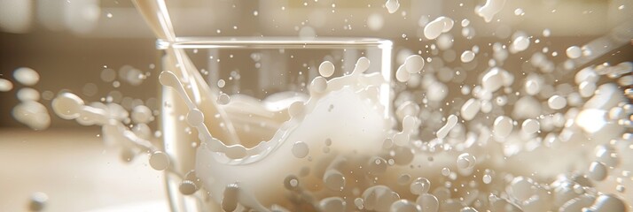 Aufkleber - A creamy drink spills over a glass, creating a playful splash, with soft sunlight illuminating the kitchen background. Generative AI