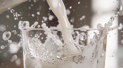 Poster - Fresh milk is poured into a glass, splashing droplets and creating a lively scene in a well-lit kitchen. Generative AI