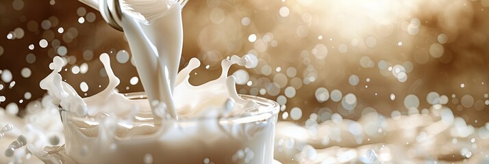 Poster - A glass fills with milk as it splashes, creating an elegant display of droplets and soft light, enhancing the warmth of the kitchen. Generative AI