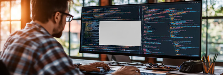 Canvas Print - A person coding at a desk with a computer displaying programming text.