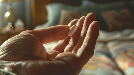 Fototapete - A hand reaches out to grasp a white pill in morning light, surrounded by the comfort of a softly lit bedroom. Generative AI
