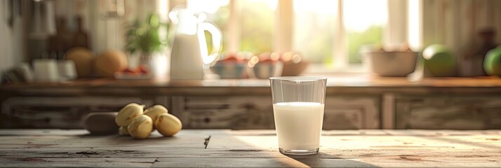Aufkleber - A glass filled with milk rests on a wooden table, illuminated by soft morning light, surrounded by fresh produce. Generative AI