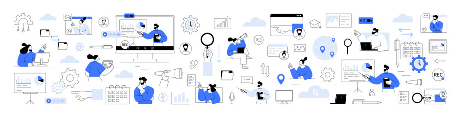 Wall Mural - virtual collaboration, video conferencing, remote project management. team members collaborate proje