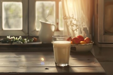 Aufkleber - A tall glass filled with fresh milk sits on a rustic wooden surface in a warm kitchen filled with sunlight. Generative AI