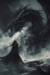 © Laurent - enigmatic black dragon faces a lone warrior in a snow-laden mystical landscape