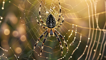Spider web with dew in golden sunlight macro photography