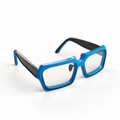 Pair of blue glasses on white background.