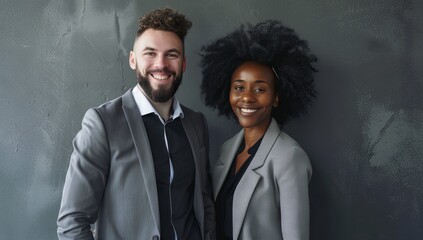 Two business diverse people, wearing professional attire smiling at the camera, Professional Business Portraits of Two Colleagues, Business Team Portrait in Urban Setting