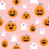 Fototapeta Panele - Design of Halloween pattern with cute pumpkin lanterns and ghosts. Vector illustration