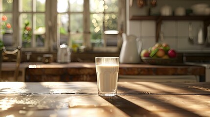 Poster - A glass filled with fresh milk sits on a rustic wooden table, bathed in soft morning sunlight, creating a warm, inviting atmosphere. Generative AI