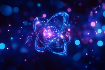 Wall Mural - a vibrant atomic symbol glows in deep blue and purple tones. bright dots surround it, creating a cos