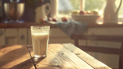 Aufkleber - A glass of milk sits on a wooden table, illuminated by warm sunlight, with fresh fruits visible in the background. Generative AI