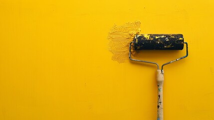 Poster - A roller brush applies vibrant yellow paint to a wall, showcasing a creative process in an interior room filled with light. Generative AI