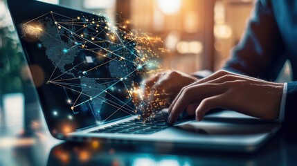 Futuristic digital network and global data analysis on modern laptop screen