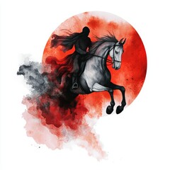 Dynamic artwork of a horse and rider against a vivid red backdrop, captivating and powerful in design.