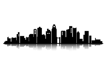 vector black skyline silhouette of the city with reflection below