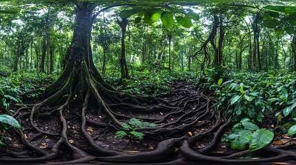 Wall Mural - lush tropical rainforest with large tree roots and foliage.