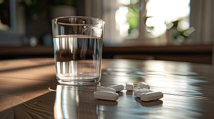 Aufkleber - A glass filled with water sits next to white pills scattered on a wooden table illuminated by soft afternoon light. Generative AI