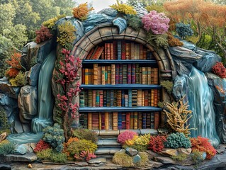 Wall Mural - Enchanted Waterfall Library: A Secret Oasis in the Forest