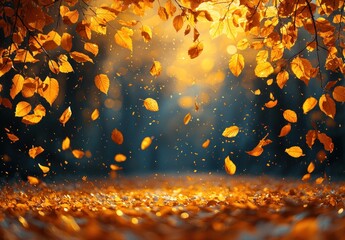 Wall Mural - Golden autumn leaves falling gracefully from tree branches with sunlight filtering through creating a glowing atmosphere Generative AI