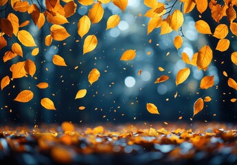 Wall Mural - Golden autumn leaves falling gracefully from tree branches with sunlight filtering through creating a glowing atmosphere Generative AI